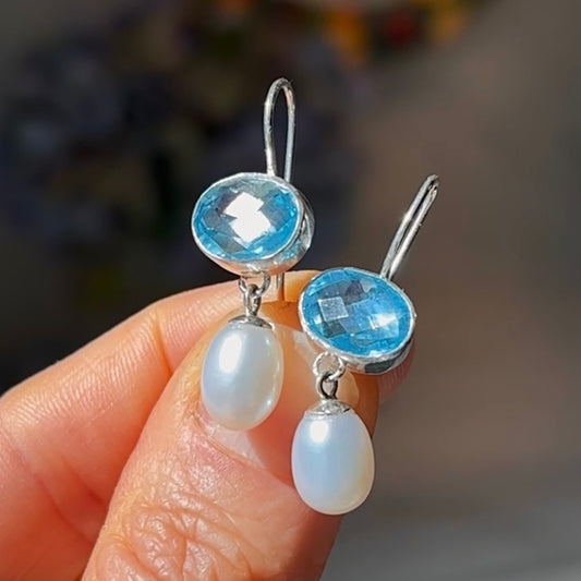 Blue Topaz & Freshwater Pearl Sterling Silver Drop Earrings