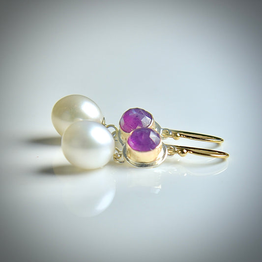 Pink Sapphire & Freshwater Pearl 14k Gold Fill & Sterling Earrings