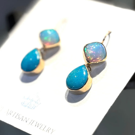 Ethiopian Opal & Nacozari Turquoise 14k Gold Fill Drop Earrings