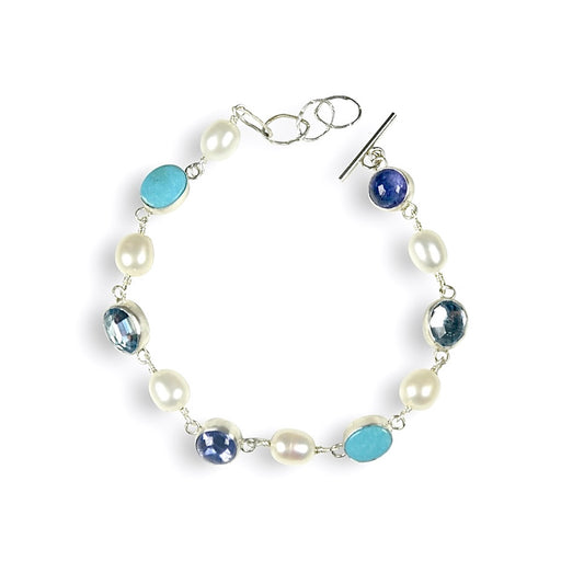 Blue Multi Gemstone and Freshwater Pearl Bracelet