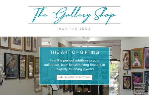 A promotional banner for 'The Gallery Shop' featuring a teal logo at the top and a central teal text box that reads 'The Art of Gifting' with a button to 'Explore Artist Collections.' Below the banner, a narrow interior gallery scene shows framed artwork on walls and decorative objects.