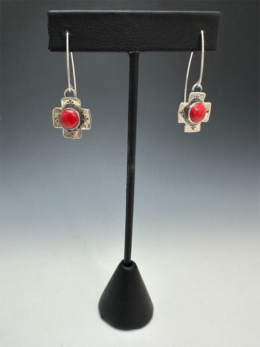 Red Coral Stamped Cross Earrings